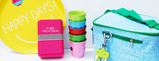 Bright bold and colourful Happy Jackson. Add a chearful fun twist to everyday essentials "Yay Lunch" two tone glossy lunchbox with elasticated strap to keep your lunch safe. Colourful cool bag freezer bag by Rice DK. Colourful corkscrew by CKS Zeal, an everyday bar accessory in fantastic colours. Colourful melamine cups by Rice DK.